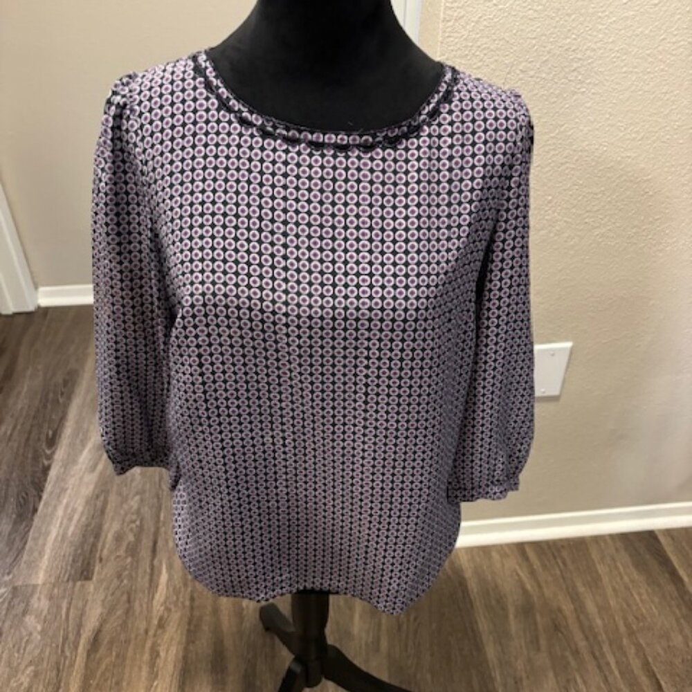 J Crew NWOT 100% Silk Black Purple Scalloped Neck 3/4 Sleeve Blouse 6P